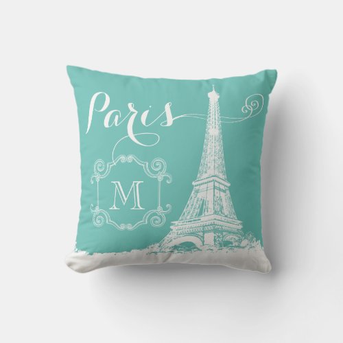 Eiffel Tower Paris Chic Turquoise Monogram Initial Throw Pillow