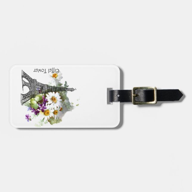Eiffel Tower Paris Daisies Violets Luggage Tag (Front Horizontal)