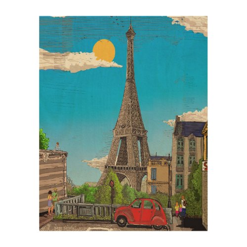 Eiffel Tower Paris France Colorful Illustration Wood Wall Art