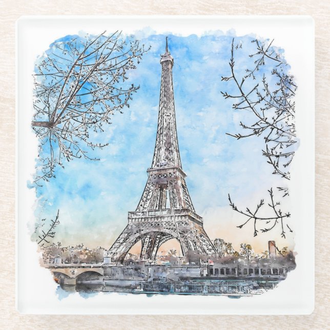 Eiffel Tower Paris France Hand Drawn Watercolor Glass Coaster (Front)