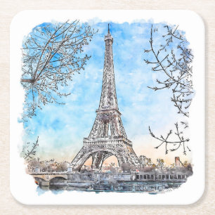 Eiffel Tower Paris France Hand Drawn Watercolor Square Paper Coaster