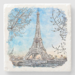 Eiffel Tower Paris France Hand Drawn Watercolor Stone Coaster