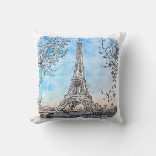 Eiffel Tower Paris France Hand Drawn Watercolor Throw Pillow