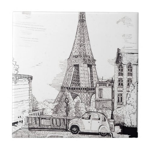 Eiffel Tower Paris France Pen Ink Illustration Ceramic Tile