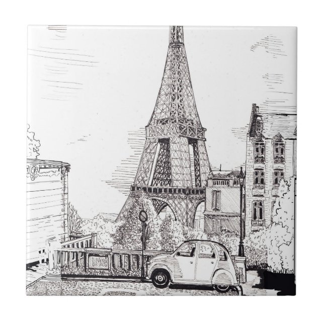 Eiffel Tower Paris France Pen Ink Illustration Ceramic Tile (Front)