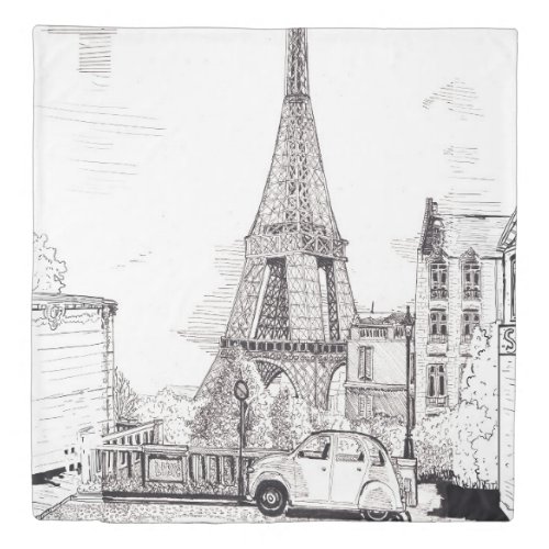 Eiffel Tower Paris France Pen Ink Illustration Duvet Cover