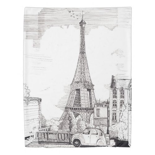 Eiffel Tower Paris France Pen Ink Illustration Duvet Cover