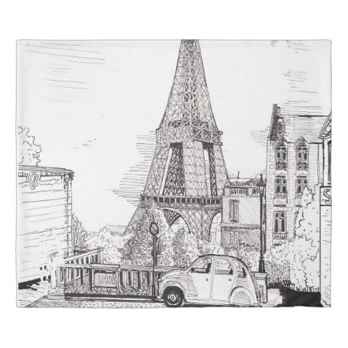 Eiffel Tower Paris France Pen Ink Illustration Duvet Cover