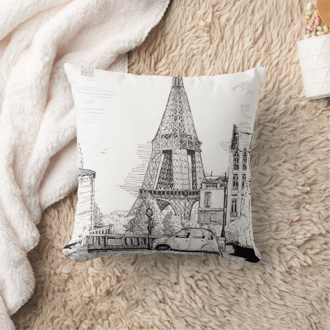Eiffel Tower Paris France Pen Ink Illustration Throw Pillow (Blanket)