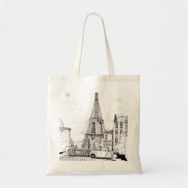 Eiffel Tower Paris France Pen Ink Illustration Tote Bag (Front)