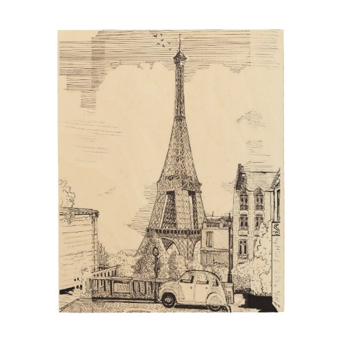Eiffel Tower Paris France Pen Ink Illustration Wood Wall Art