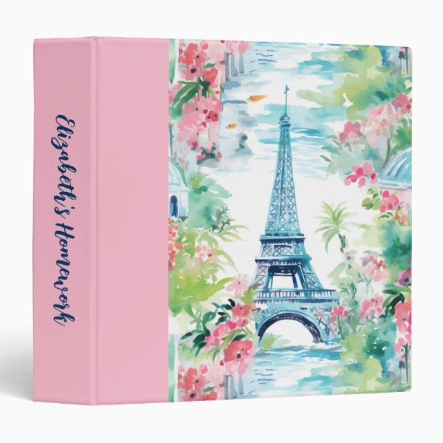 Eiffel Tower Paris France Pink Floral 3 Ring Binder (Front/Spine)