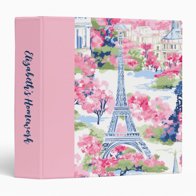 Eiffel Tower Paris France Pink Homework 3 Ring Binder (Front/Spine)