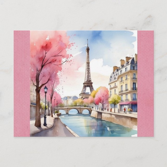 Eiffel Tower Paris France Pink Watercolor Postcard (Front)
