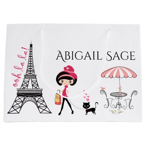Eiffel Tower Paris Girl and Cat Black and Pink Large Gift Bag