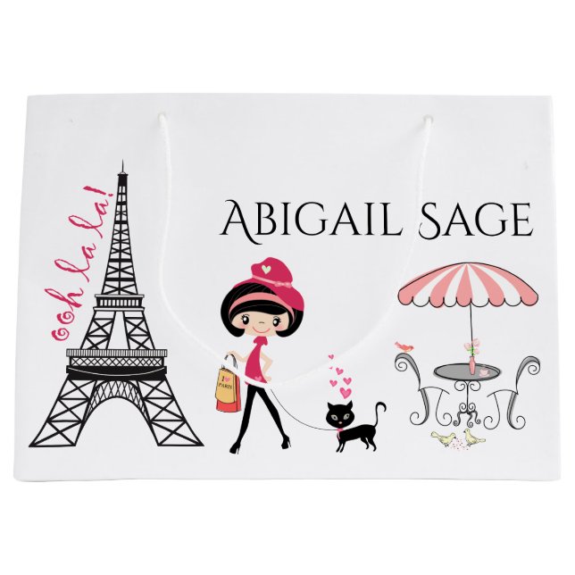 Eiffel Tower Paris Girl and Cat Black and Pink Large Gift Bag (Front)