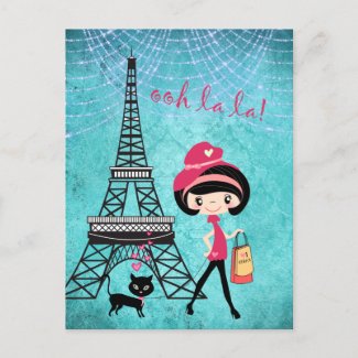 Eiffel Tower Paris Girl and Cat Blue Damask Postcard