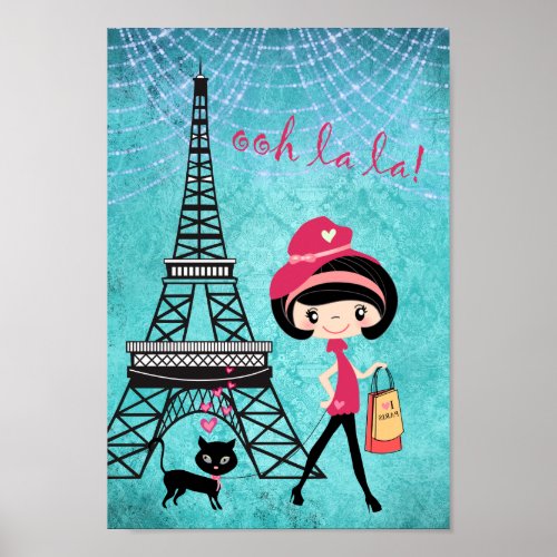 Eiffel Tower Paris Girl and Cat Blue Damask Poster