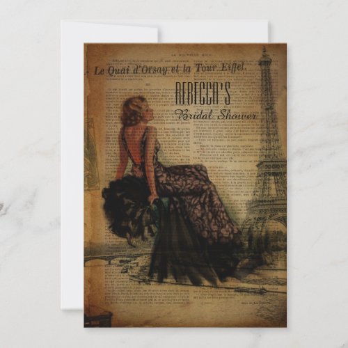 eiffel tower paris girl retro bridal shower invitation