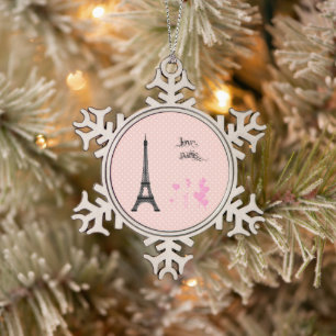 Eiffel Tower, Paris, Hearts, Polka Dots, Pink Snowflake Pewter Christmas Ornament