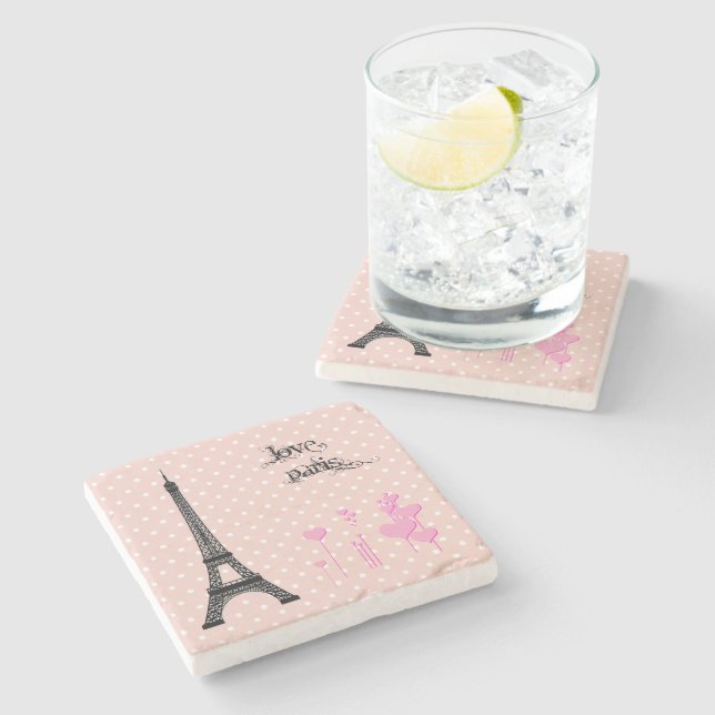 Eiffel Tower, Paris, Hearts, Polka Dots, Pink Stone Coaster (Side)