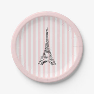 Eiffel Tower Paris Illustration Pink Stripe Paper Plates