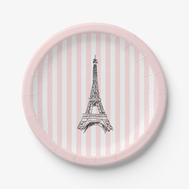 Eiffel Tower Paris Illustration Pink Stripe Paper Plates (Front)