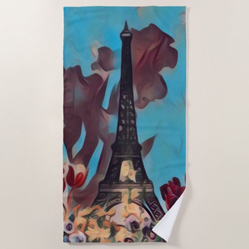 Eiffel Tower Paris Iris Tulips Spring Flowers Beach Towel