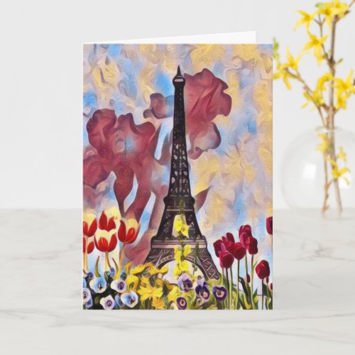 Eiffel Tower Paris Iris Tulips Spring Flowers Card