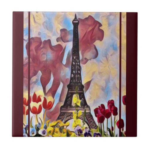Eiffel Tower Paris Iris Tulips Spring Flowers Ceramic Tile