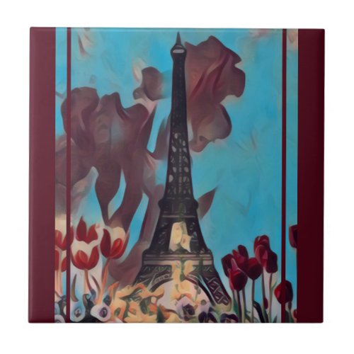 Eiffel Tower Paris Iris Tulips Spring Flowers Ceramic Tile
