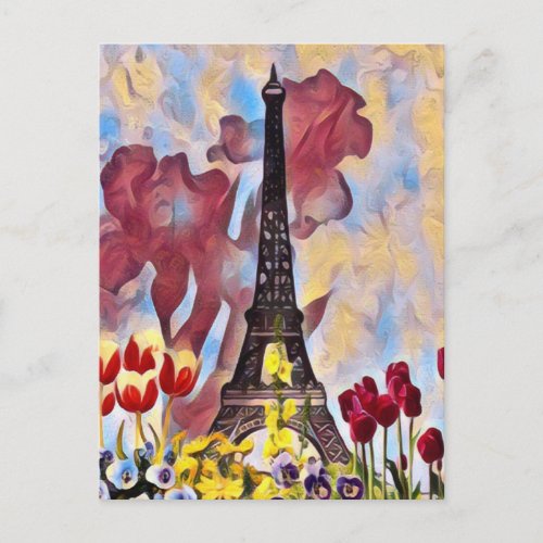 Eiffel Tower Paris Iris Tulips Spring Flowers Postcard