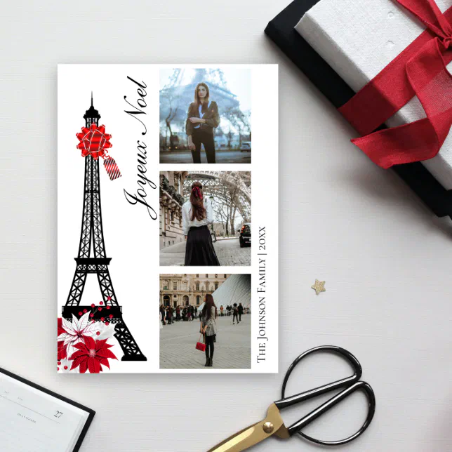 Eiffel Tower Paris Joyeux Noel 3 Photo Christmas Holiday Card Zazzle