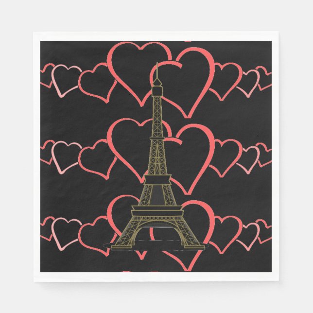 Eiffel Tower Paris Love French Wedding Heart Black Paper Napkins (Front)