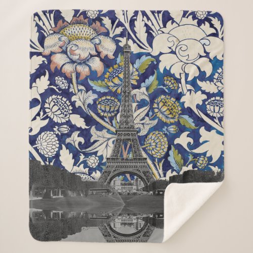 Eiffel Tower Paris Meets Floral Illustration Sherpa Blanket