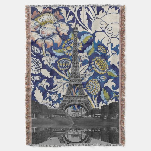 Eiffel Tower Paris Meets Floral Illustration Throw Blanket
