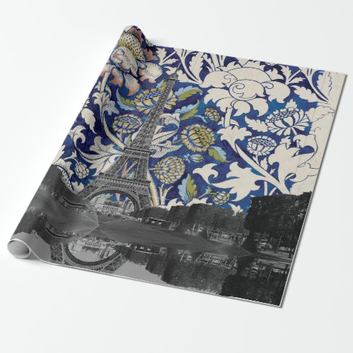 Eiffel Tower Paris Meets Floral Illustration Wrapping Paper