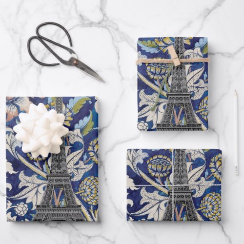 Eiffel Tower Paris Meets Floral Illustration Wrapping Paper Sheets