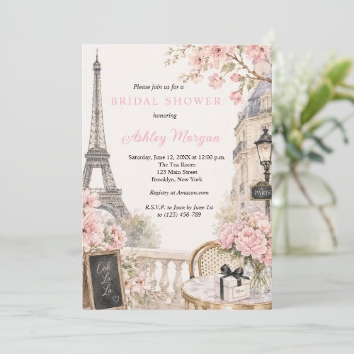 Eiffel Tower Paris Pink Flowers Bridal Shower Invitation