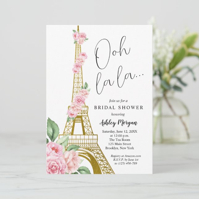 Eiffel Tower Paris Pink Flowers Bridal Shower Invitation (Standing Front)