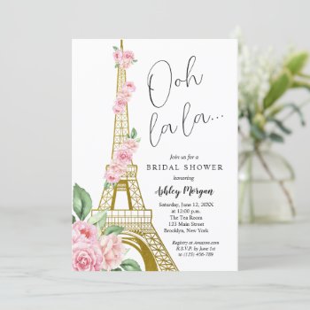Eiffel Tower Paris Pink Flowers Bridal Shower Invitation by PurplePaperInvites at Zazzle