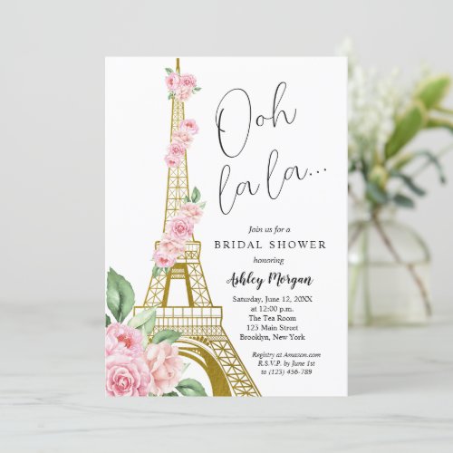 Eiffel Tower Paris Pink Flowers Bridal Shower Invitation