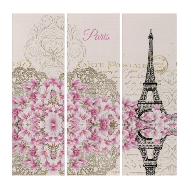 Eiffel Tower, Paris Pink Magnolia Faux Triptych (Front)