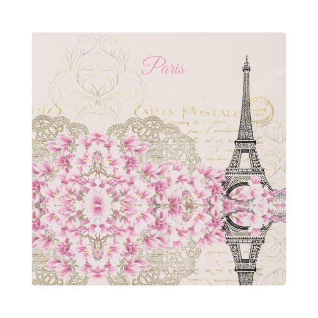 Eiffel Tower, Paris Pink Magnolia Metal Print (Front)