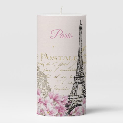 Eiffel Tower Paris Pink Magnolia Pillar Candle