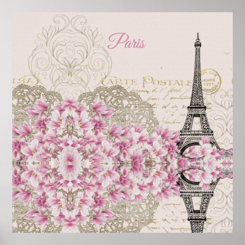 Eiffel Tower Paris Pink Magnolia Poster