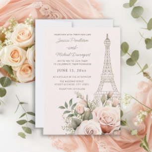 Eiffel Tower Paris Pink Roses Wedding Invitation