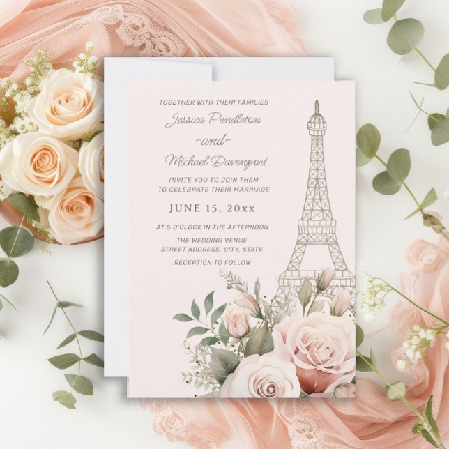Eiffel Tower Paris Pink Roses Wedding Invitation (Eiffel Tower Pink Roses wedding invitation)