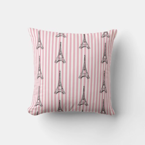 Eiffel Tower Paris Pink Stripe Pillow