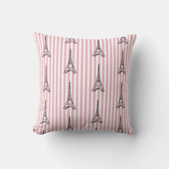 Eiffel Tower Paris Pink Stripe Pillow (Front)